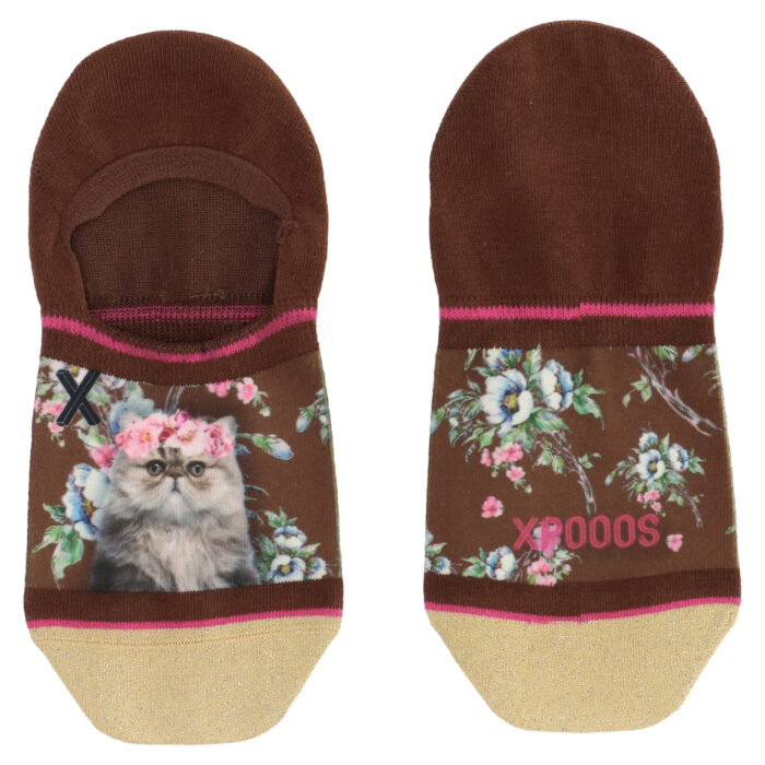 Xpooos Be Pretty One Size Footie bruine korte sport sokjes met een kat erop kattensokken
